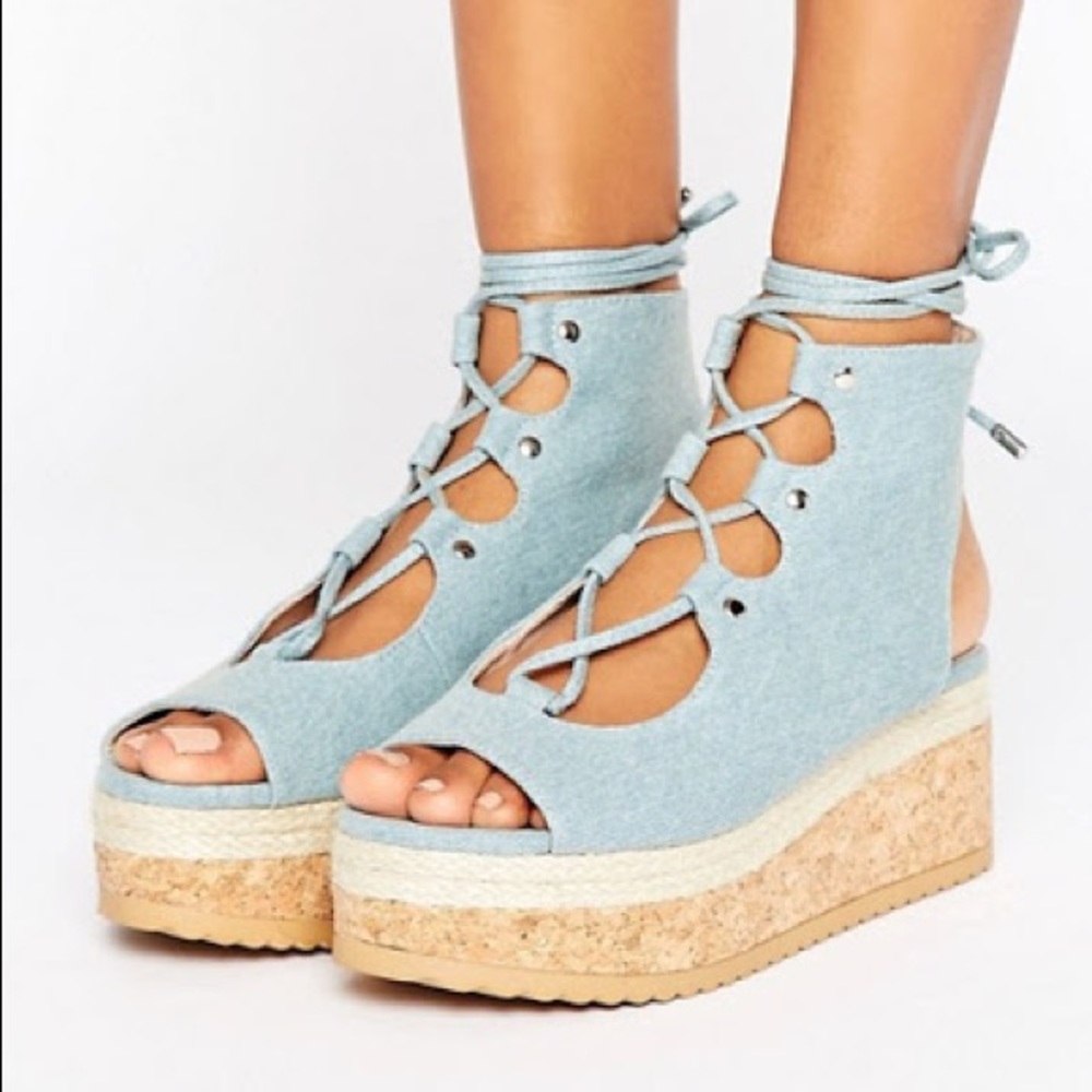 Kurt Geiger Benny Denim Flatform Lace Up Sandal